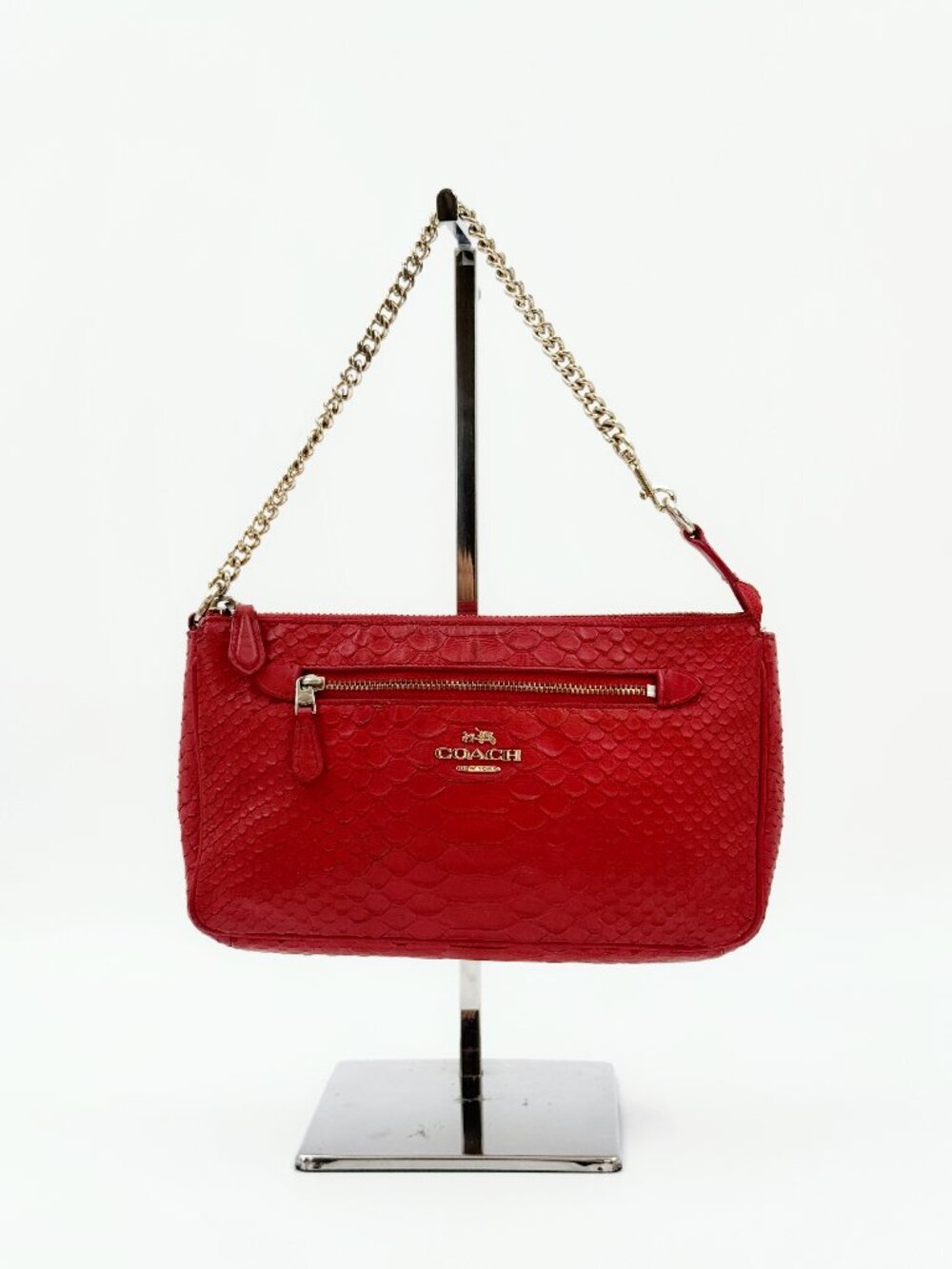 Coach Red Embossed Leather Chain Shoulder Bag Clutch Wristlet Purse